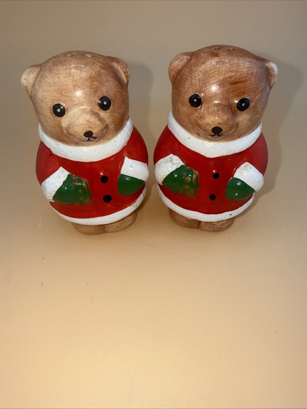 ASIA Master-Salt and Pepper Shakers Christmas Teddy Bear In Santa Suit Porcelain